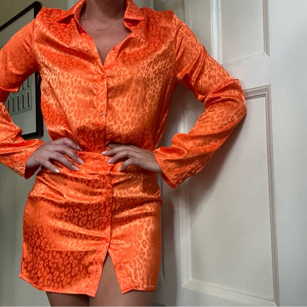 Vibrant Orange Leopard Print Satin Set